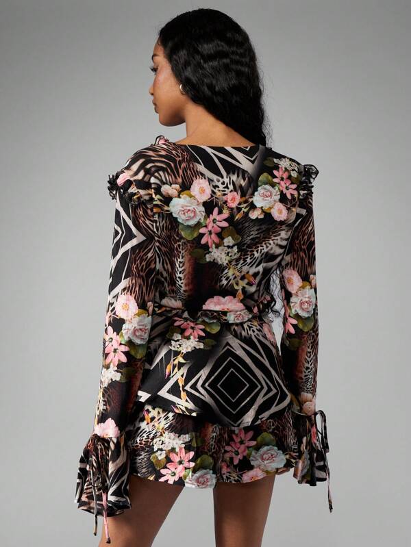 Missguided MISSGUIDED Chiffon Floral Animal Print Top And Shorts Set