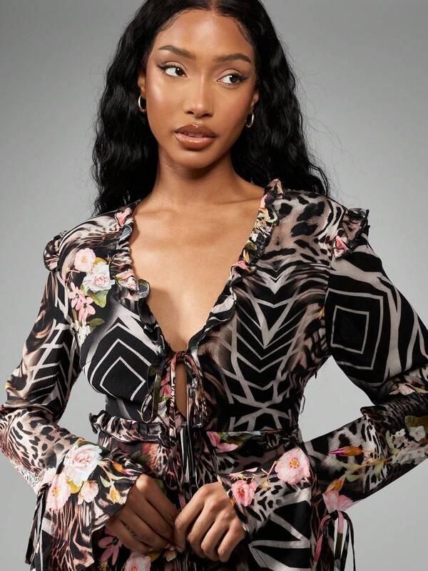 Missguided MISSGUIDED Chiffon Floral Animal Print Top And Shorts Set