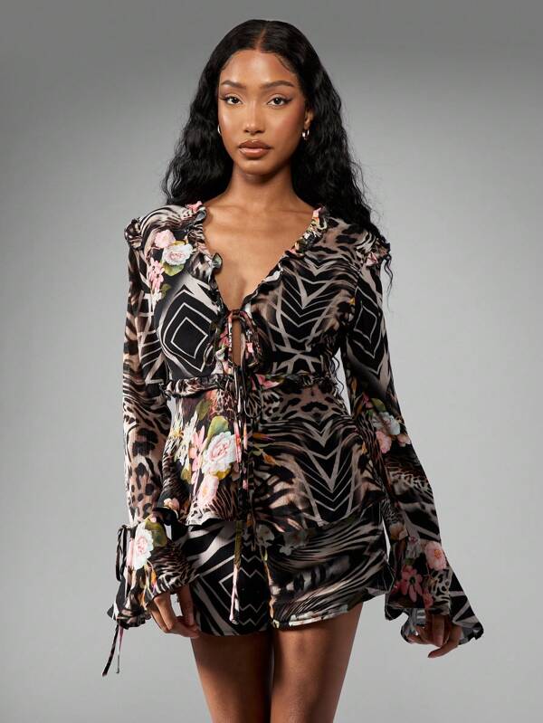 missguided MISSGUIDED Chiffon Floral Animal Print Top And Shorts Set