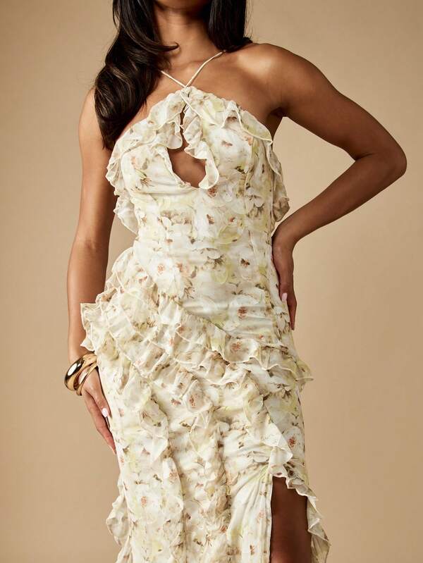 Missguided MISSGUIDED Chiffon Halter Neck Ruffle Maxi Dress With Empire Waist