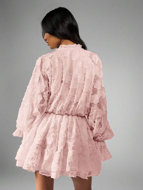 Missguided MISSGUIDED Chiffon Jacquard Mini Dress With Puff Sleeves And Ruffles