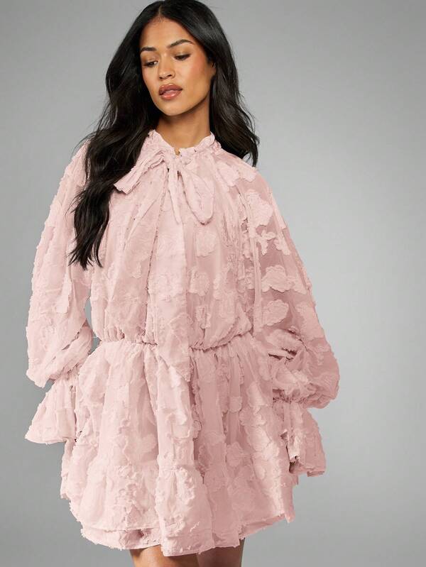 Missguided MISSGUIDED Chiffon Jacquard Mini Dress With Puff Sleeves And Ruffles