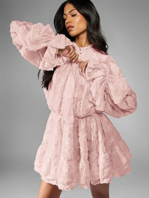 missguided MISSGUIDED Chiffon Jacquard Mini Dress With Puff Sleeves And Ruffles