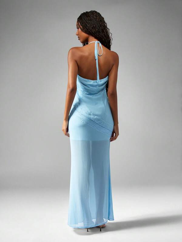 Missguided MISSGUIDED Chiffon Lace Panel Halter Neck Maxi Dress