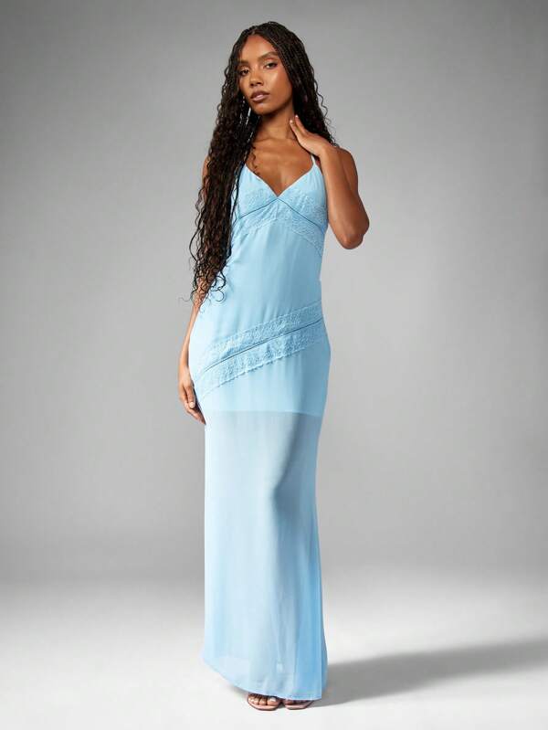missguided MISSGUIDED Chiffon Lace Panel Halter Neck Maxi Dress
