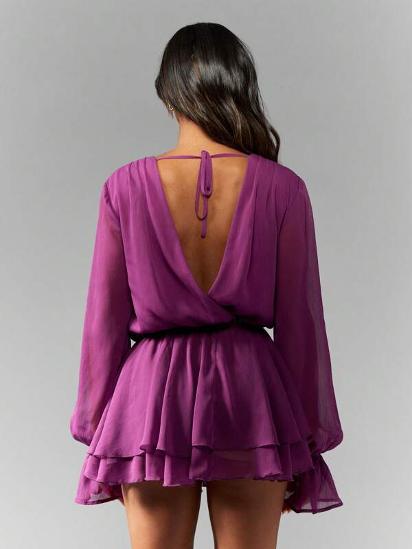 Missguided MISSGUIDED Chiffon Long Sleeve Plunging Neckline Mini Wrap Dress