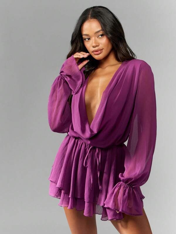 Missguided MISSGUIDED Chiffon Long Sleeve Plunging Neckline Mini Wrap Dress