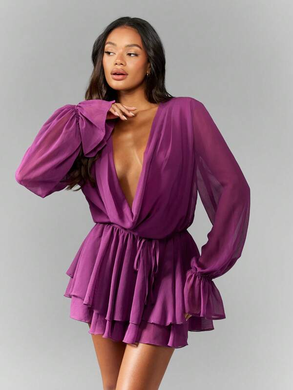 missguided MISSGUIDED Chiffon Long Sleeve Plunging Neckline Mini Wrap Dress
