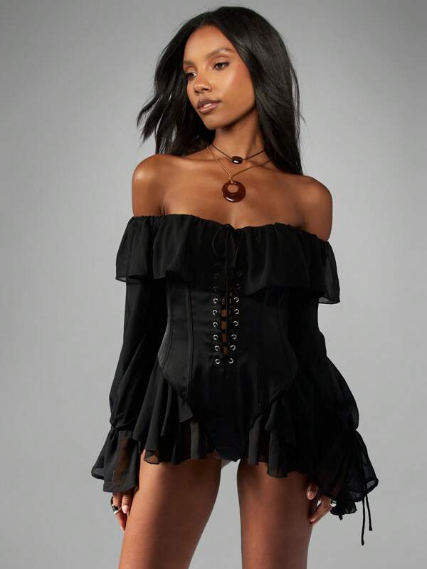 missguided MISSGUIDED Chiffon Milkmaid Bodysuit With Corset And Bell Sleeves missguided MISSGUIDED Chiffon Milkmaid Bodysuit With Corset And Bell Sleeves