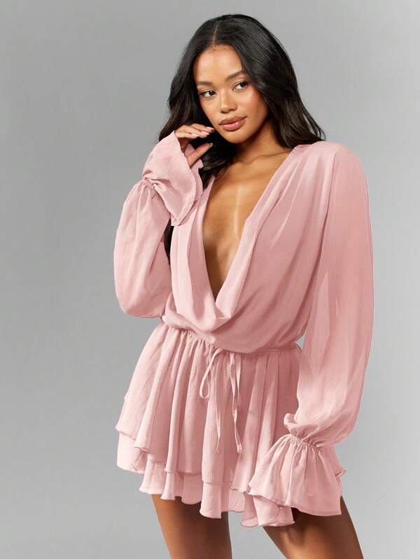 Missguided MISSGUIDED Chiffon Mini Dress With Balloon Sleeves And Ruffles