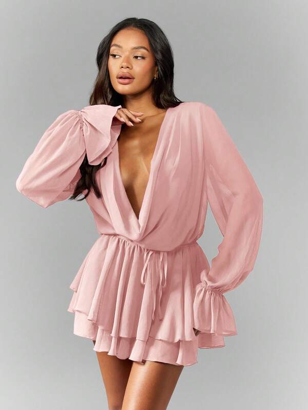 missguided MISSGUIDED Chiffon Mini Dress With Balloon Sleeves And Ruffles