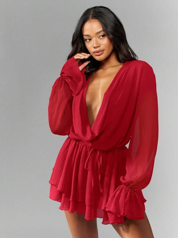 Missguided MISSGUIDED Chiffon Mini Dress With Cowl Neck And Ruffle Skirt