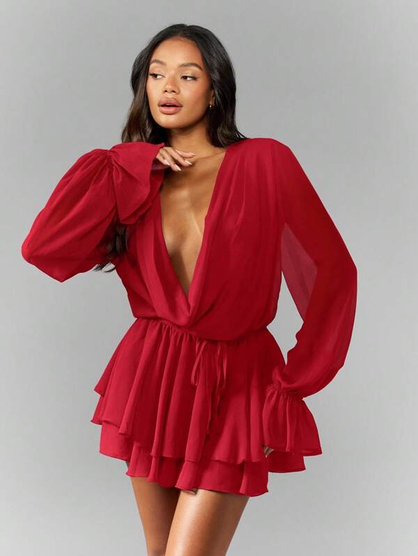 missguided MISSGUIDED Chiffon Mini Dress With Cowl Neck And Ruffle Skirt