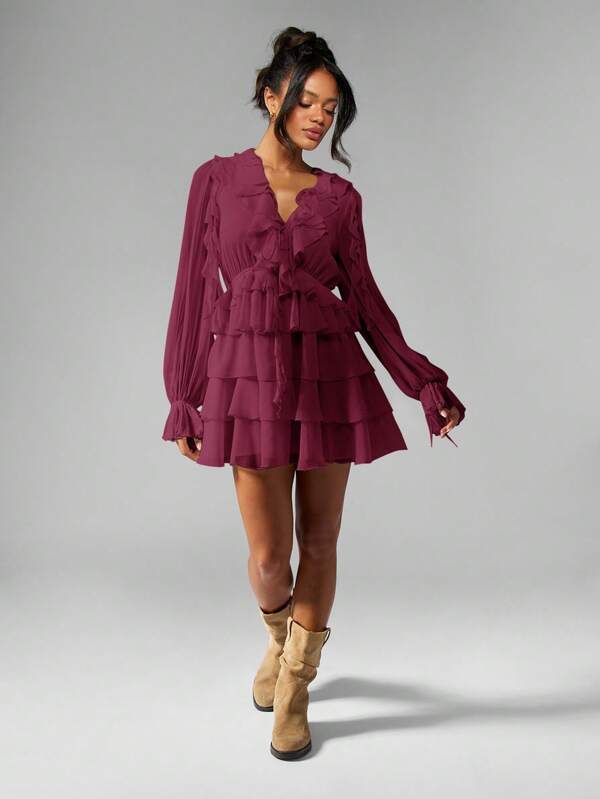 Missguided MISSGUIDED Chiffon Ruffle Mini Dress With Balloon Sleeves