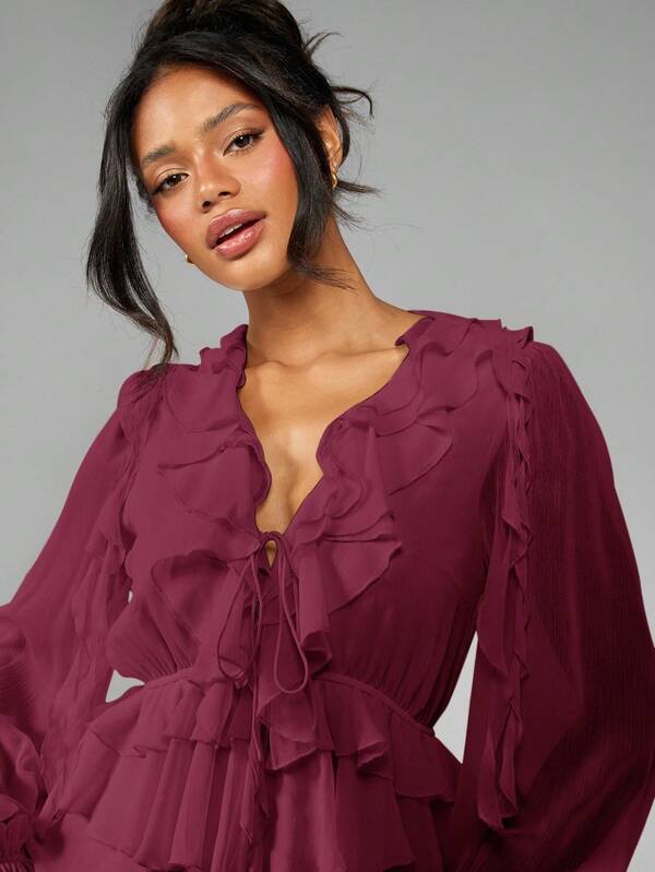 Missguided MISSGUIDED Chiffon Ruffle Mini Dress With Balloon Sleeves