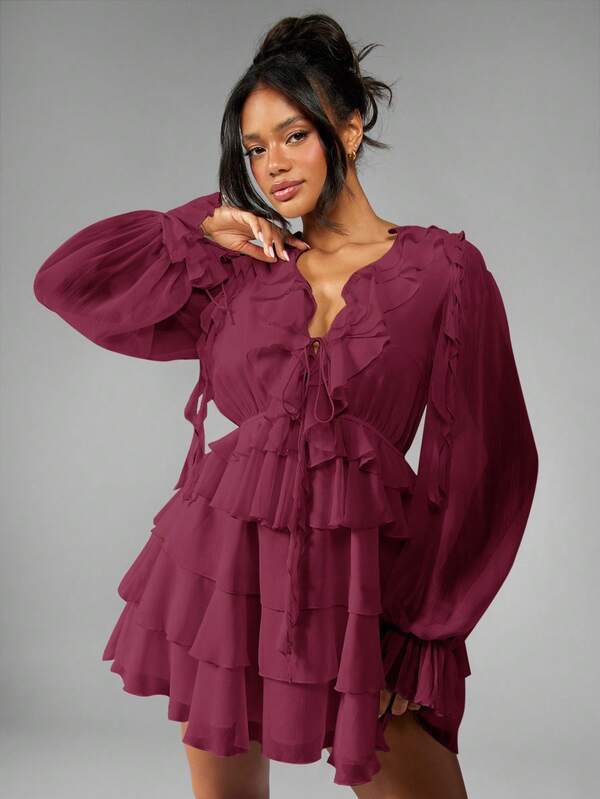 missguided MISSGUIDED Chiffon Ruffle Mini Dress With Balloon Sleeves