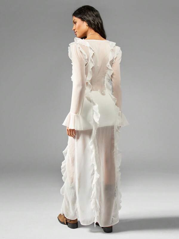 Missguided MISSGUIDED Chiffon Ruffled Long Sleeve Maxi Dress With Tie Front Cut-Out