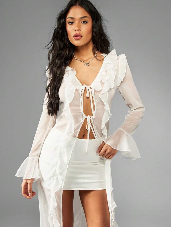 Missguided MISSGUIDED Chiffon Ruffled Long Sleeve Maxi Dress With Tie Front Cut-Out