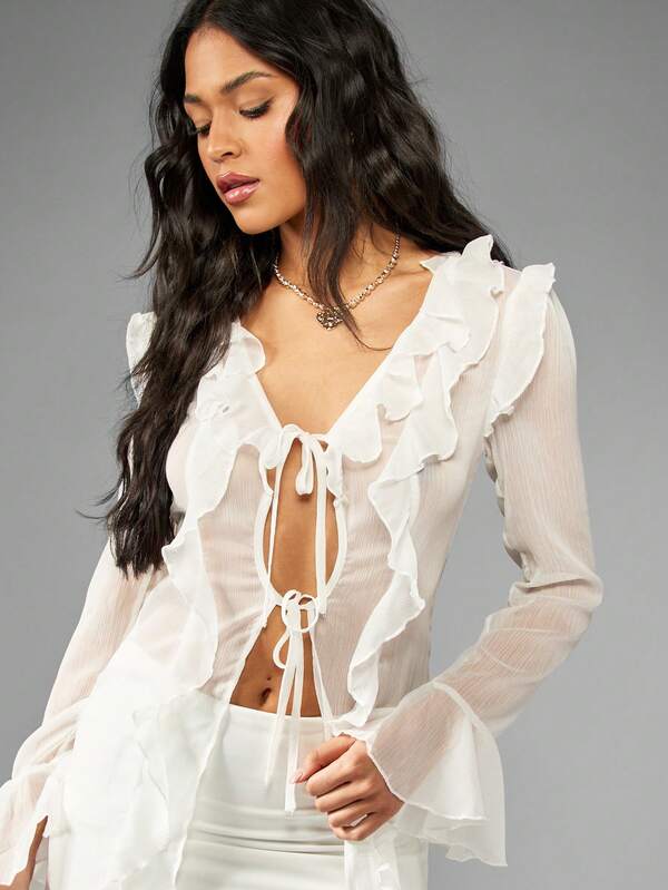Missguided MISSGUIDED Chiffon Ruffled Long Sleeve Maxi Dress With Tie Front Cut-Out