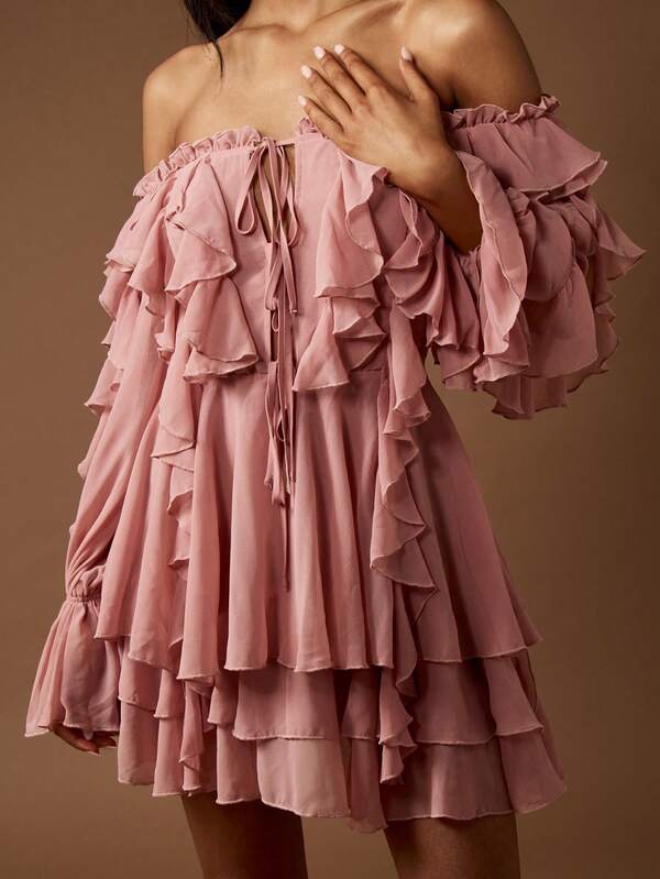Missguided MISSGUIDED Chiffon Ruffled Off Shoulder Mini Dress
