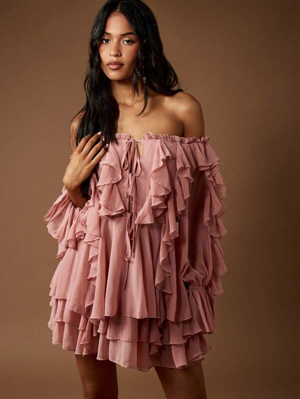 missguided MISSGUIDED Chiffon Ruffled Off Shoulder Mini Dress