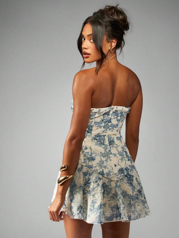 Missguided MISSGUIDED Chiffon Strapless Toile Print Mini Dress With Flare Skirt Ruffle Hem