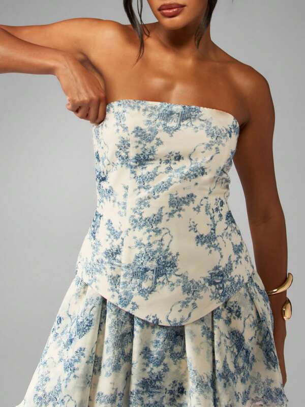 Missguided MISSGUIDED Chiffon Strapless Toile Print Mini Dress With Flare Skirt Ruffle Hem