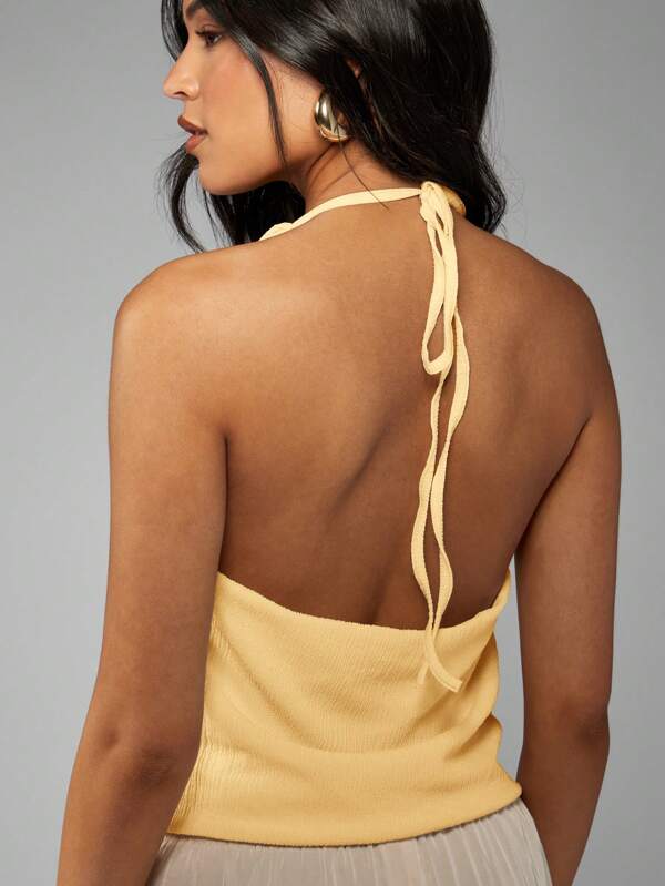 Missguided MISSGUIDED Chiffon Textured Halter Cowl Neck Cropped Tank Top