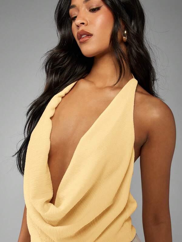 Missguided MISSGUIDED Chiffon Textured Halter Cowl Neck Cropped Tank Top
