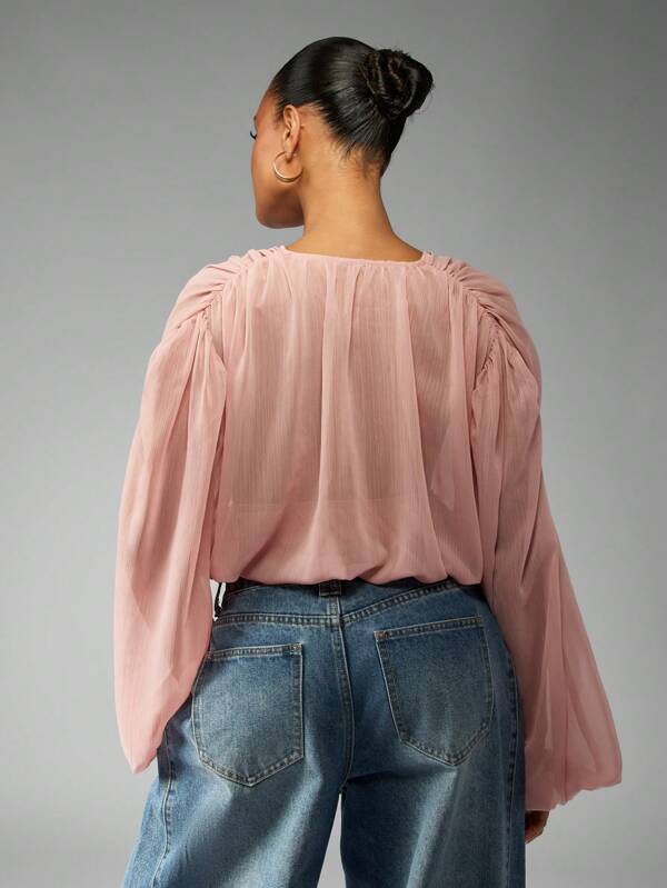 Missguided MISSGUIDED Chiffon Wrap Blouse With Balloon Sleeves And Tie Front