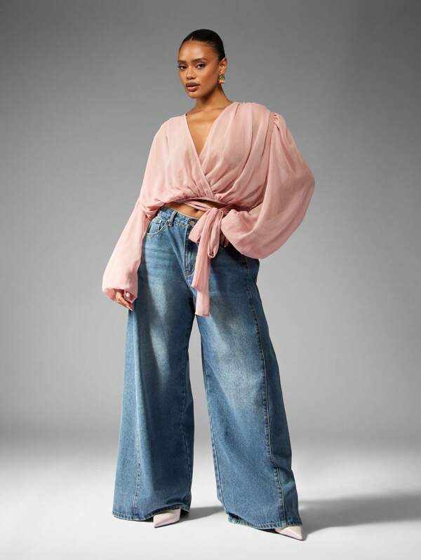 Missguided MISSGUIDED Chiffon Wrap Blouse With Balloon Sleeves And Tie Front