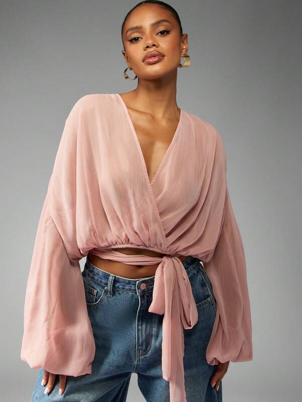 Missguided MISSGUIDED Chiffon Wrap Blouse With Balloon Sleeves And Tie Front