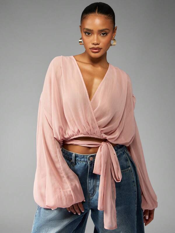 missguided MISSGUIDED Chiffon Wrap Blouse With Balloon Sleeves And Tie Front