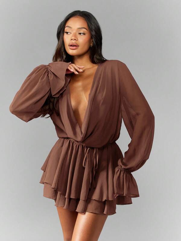 missguided MISSGUIDED Chiffon Wrap Mini Dress With Ruffle Skirt Puff Sleeves