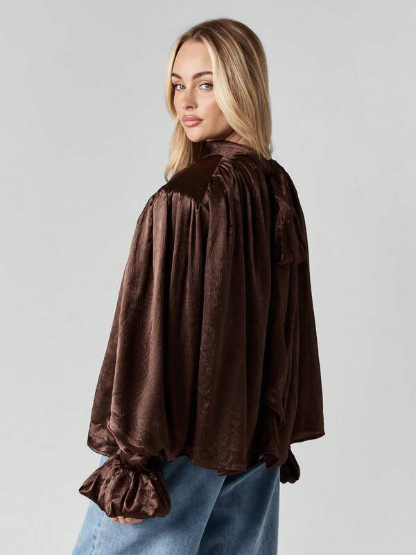 Missguided MISSGUIDED Chocolate Satin Volume Top With Wide Leg Pants