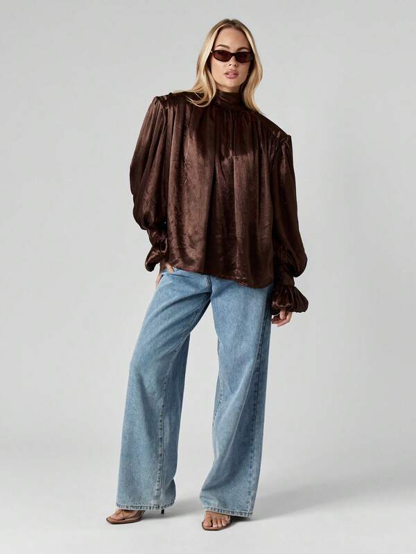 Missguided MISSGUIDED Chocolate Satin Volume Top With Wide Leg Pants