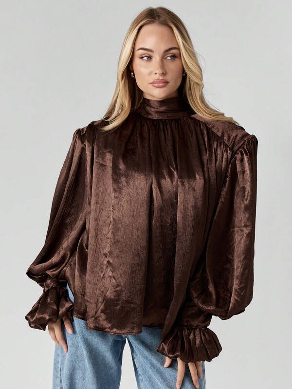 Missguided MISSGUIDED Chocolate Satin Volume Top With Wide Leg Pants