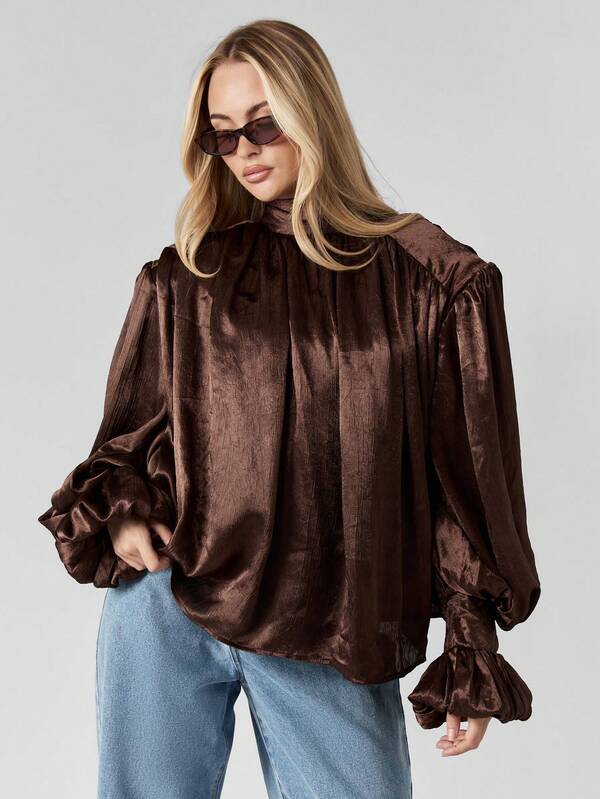 missguided MISSGUIDED Chocolate Satin Volume Top With Wide Leg Pants