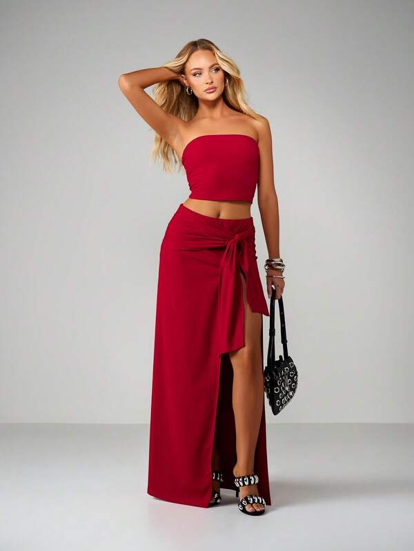 missguided MISSGUIDED Christmas Bandeau Top And Wrap Maxi Skirt Set