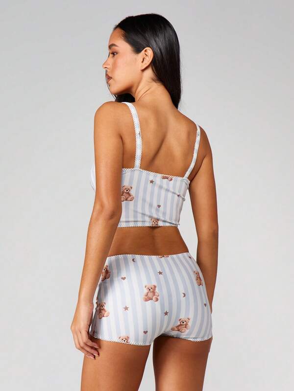 Missguided MISSGUIDED Christmas Bear Print Striped Lace Trim Set