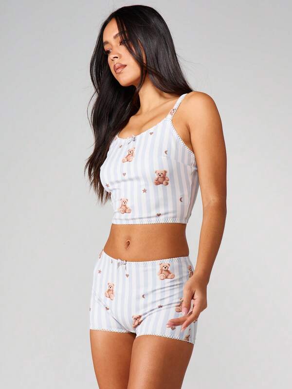 Missguided MISSGUIDED Christmas Bear Print Striped Lace Trim Set