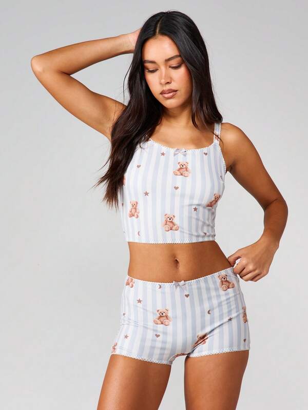 Missguided MISSGUIDED Christmas Bear Print Striped Lace Trim Set