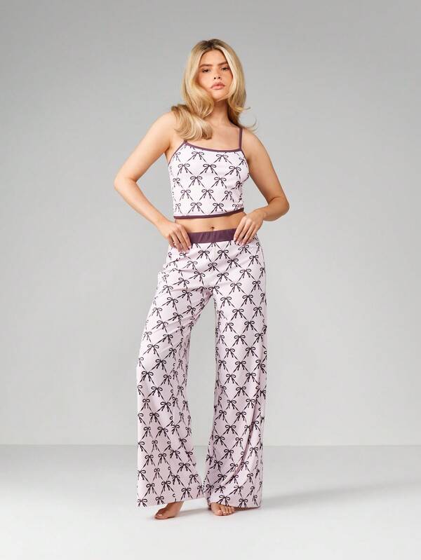 missguided MISSGUIDED Christmas Bow Print Cami And Wide Leg Pants Set