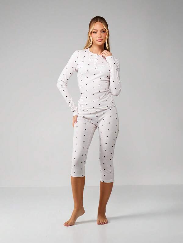 missguided MISSGUIDED Christmas Button Through Heart Print Lounge Set