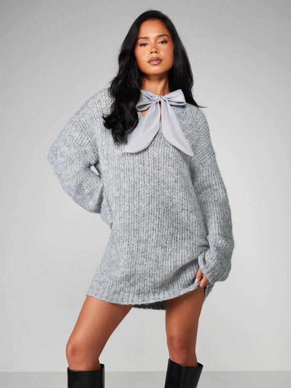 missguided MISSGUIDED Christmas Chunky Knit Sweater Dress With Bow