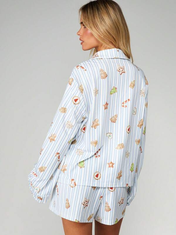 Missguided MISSGUIDED Christmas Cookie Print Pajama Set With Button Up Top