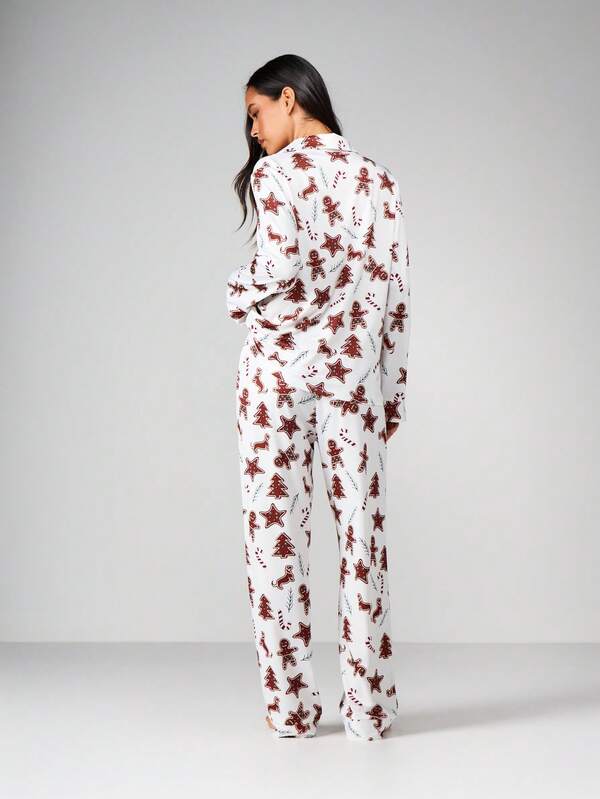 Missguided MISSGUIDED Christmas Cookie Print Pajama Set With Button Front