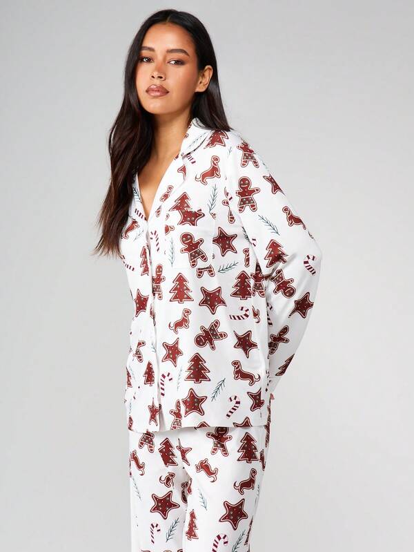 Missguided MISSGUIDED Christmas Cookie Print Pajama Set With Button Front
