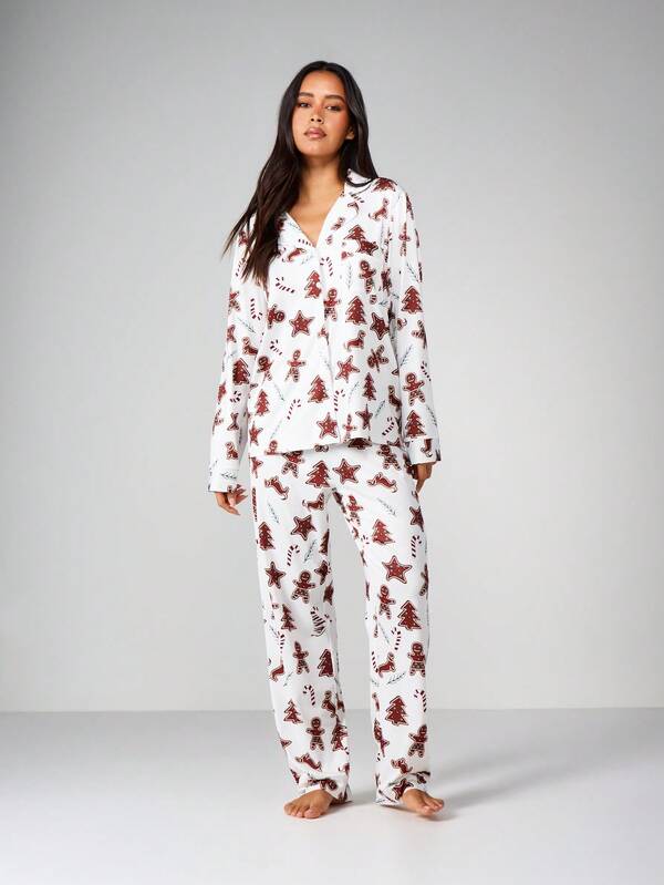 missguided MISSGUIDED Christmas Cookie Print Pajama Set With Button Front