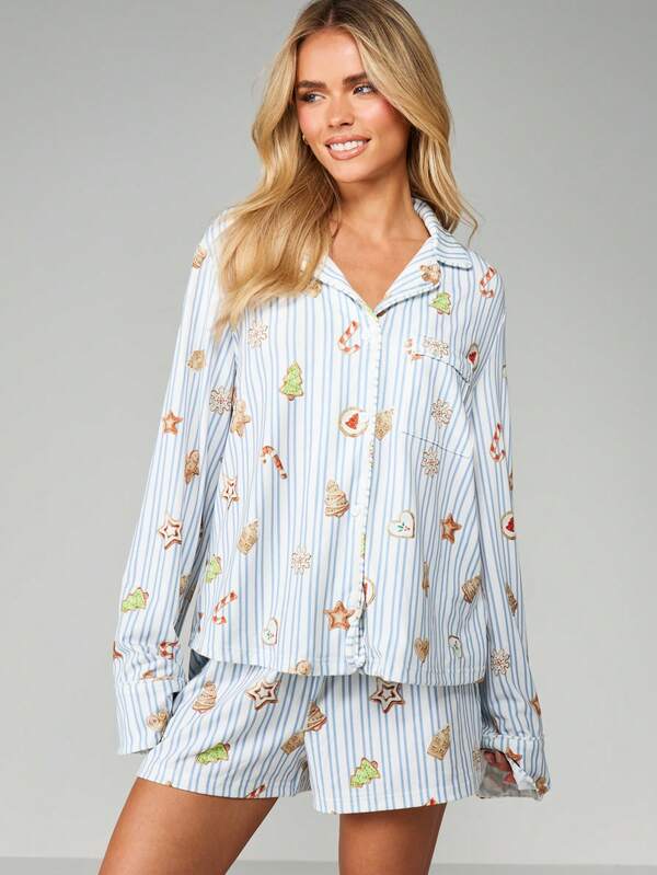 missguided MISSGUIDED Christmas Cookie Print Pajama Set With Button Up Top